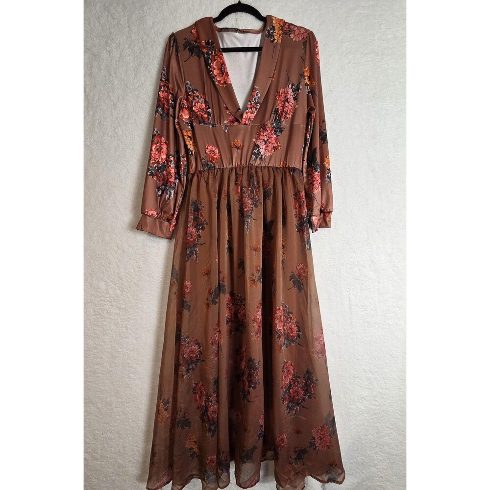 Womens Satin Floral Maxi Dress L Sheer Chiffon Lined Boho Romantic Wedding Guest